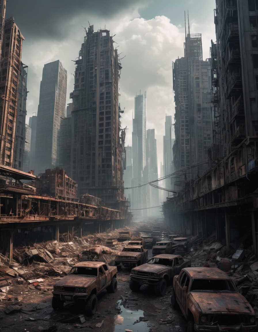 dystopian, cityscape, skyscrapers, rusted-out vehicles, mad max