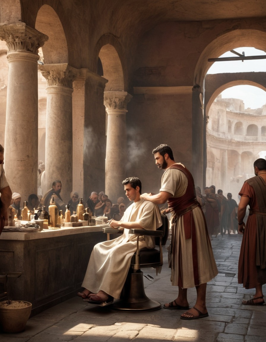 ancient barber, shave and haircut, busy marketplace, ancient rome, 80 ad