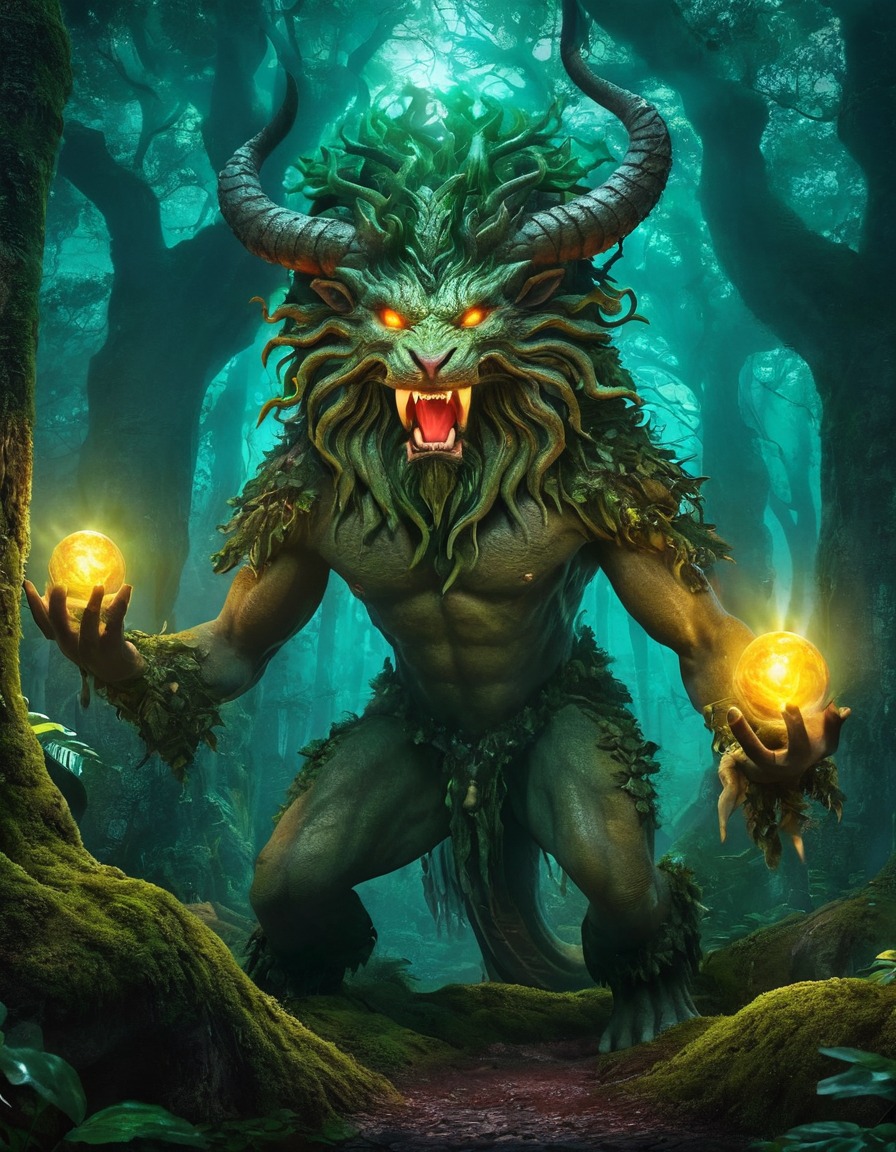 fantasy, mythology, gorgon, mystical, forest, glowing eyes