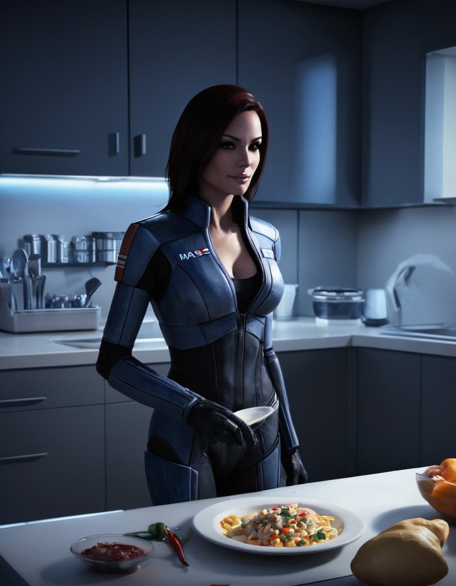 mass effect, miranda lawson, casual attire, cooking, modern kitchen, games, girls from games