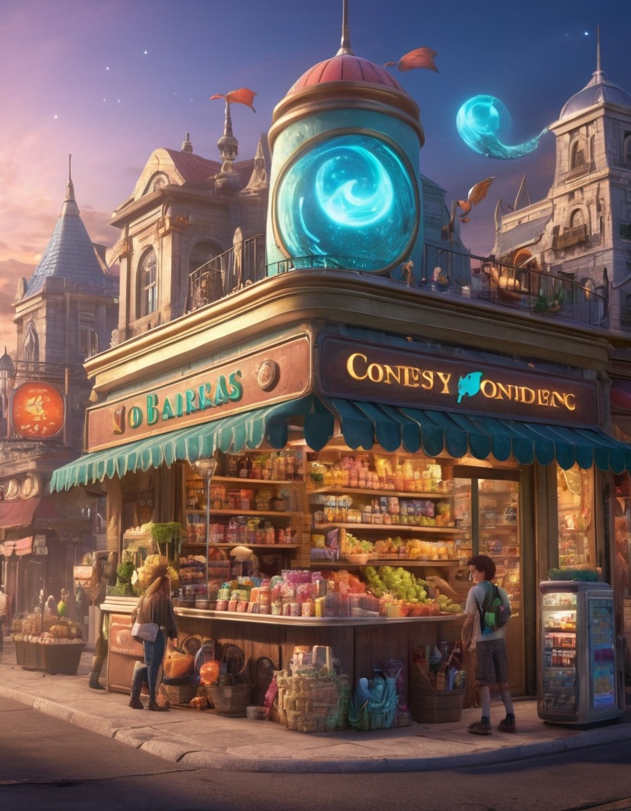 convenience store, fantasy, big city, fictional creatures, urban fantasy