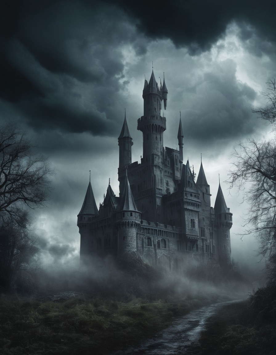 gothic, castle, mist, storm clouds, ominous, underground, dark