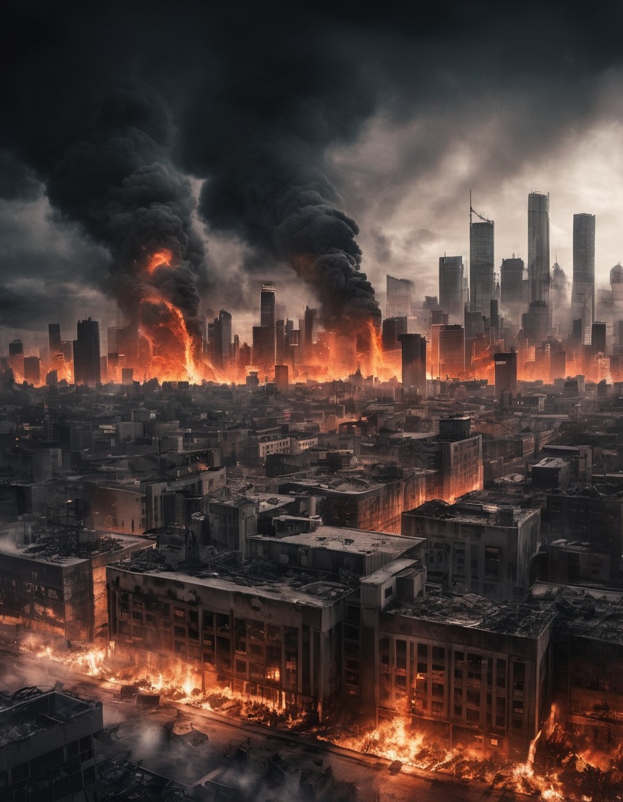 urban destruction, warfare, cityscape, disaster, fire, smoke, war, usa