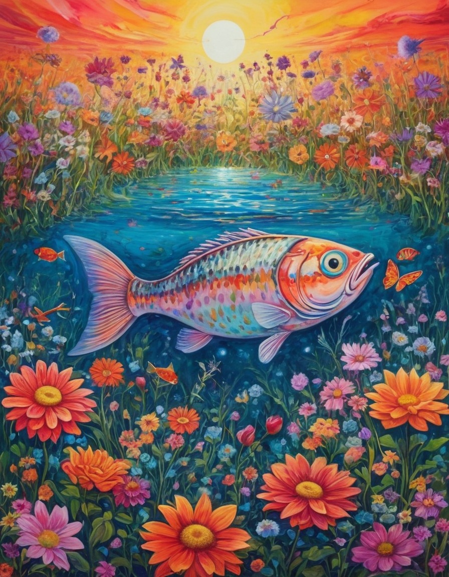 cat, fish, surreal, nature, flower field