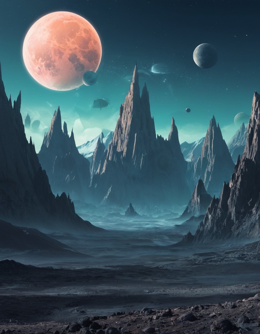 alien, world, mountains, moons, imaginative, space, stars