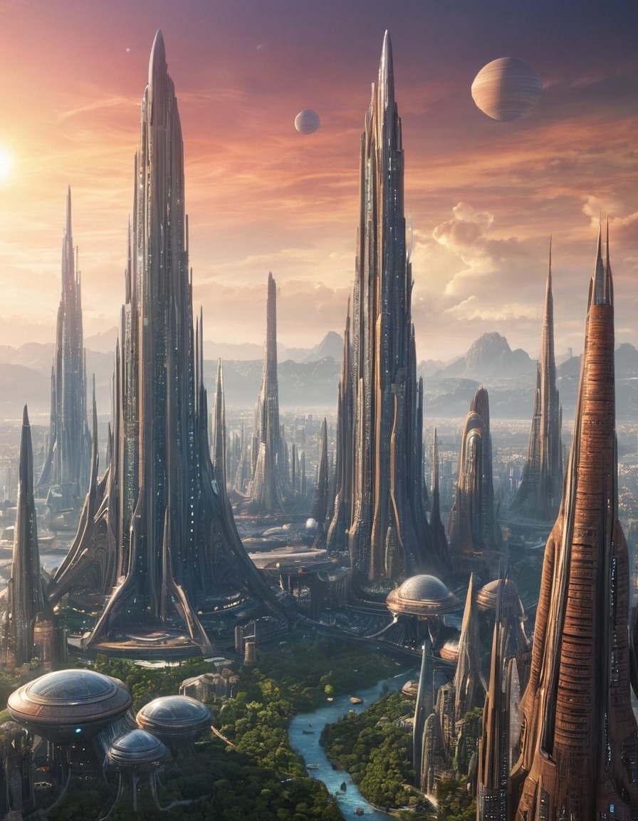 alien, cityscape, towering structures, futuristic buildings, extraterrestrial, aliens