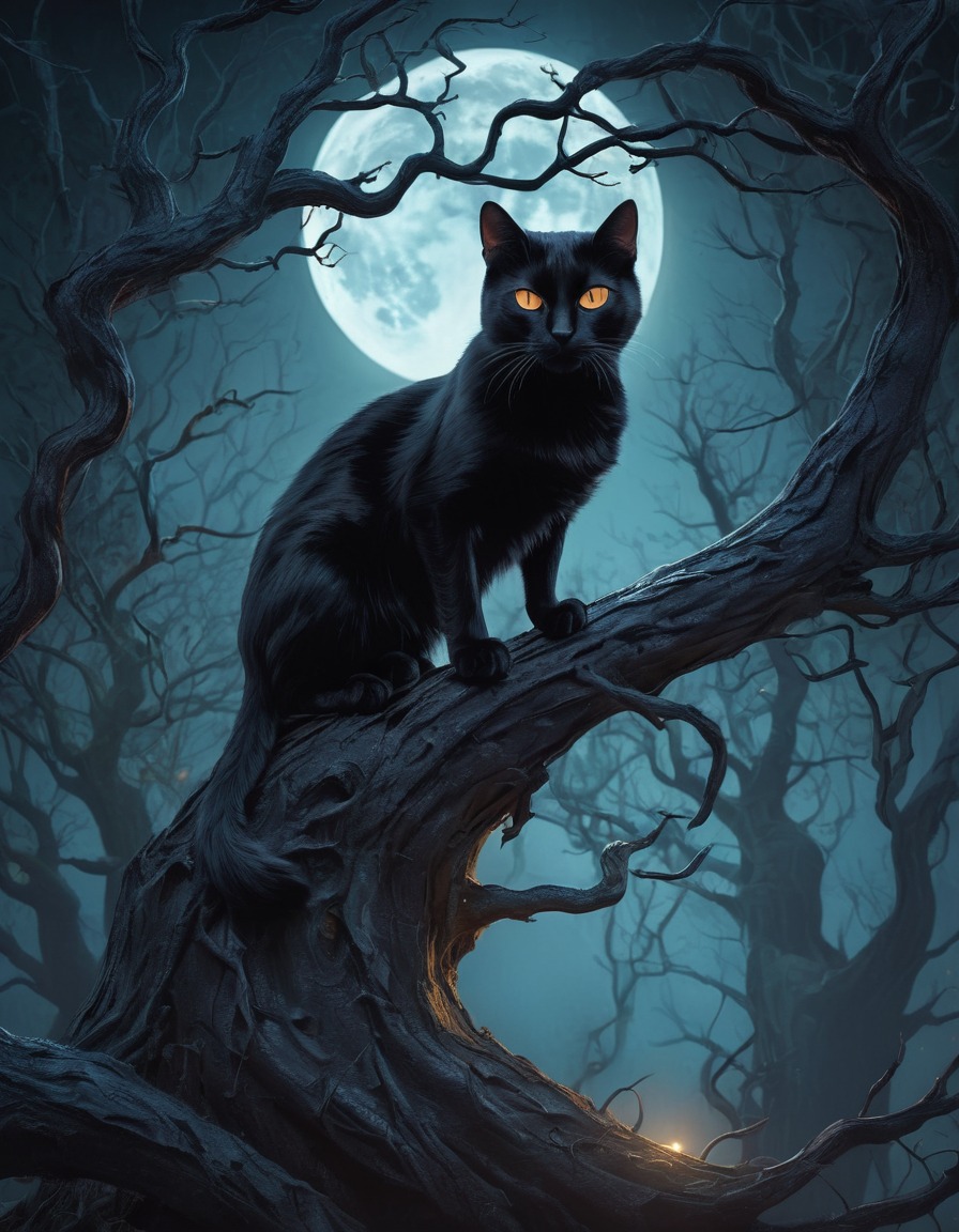 black cat, glowing eyes, tree, moonlit, forest, gothic, underground, dark