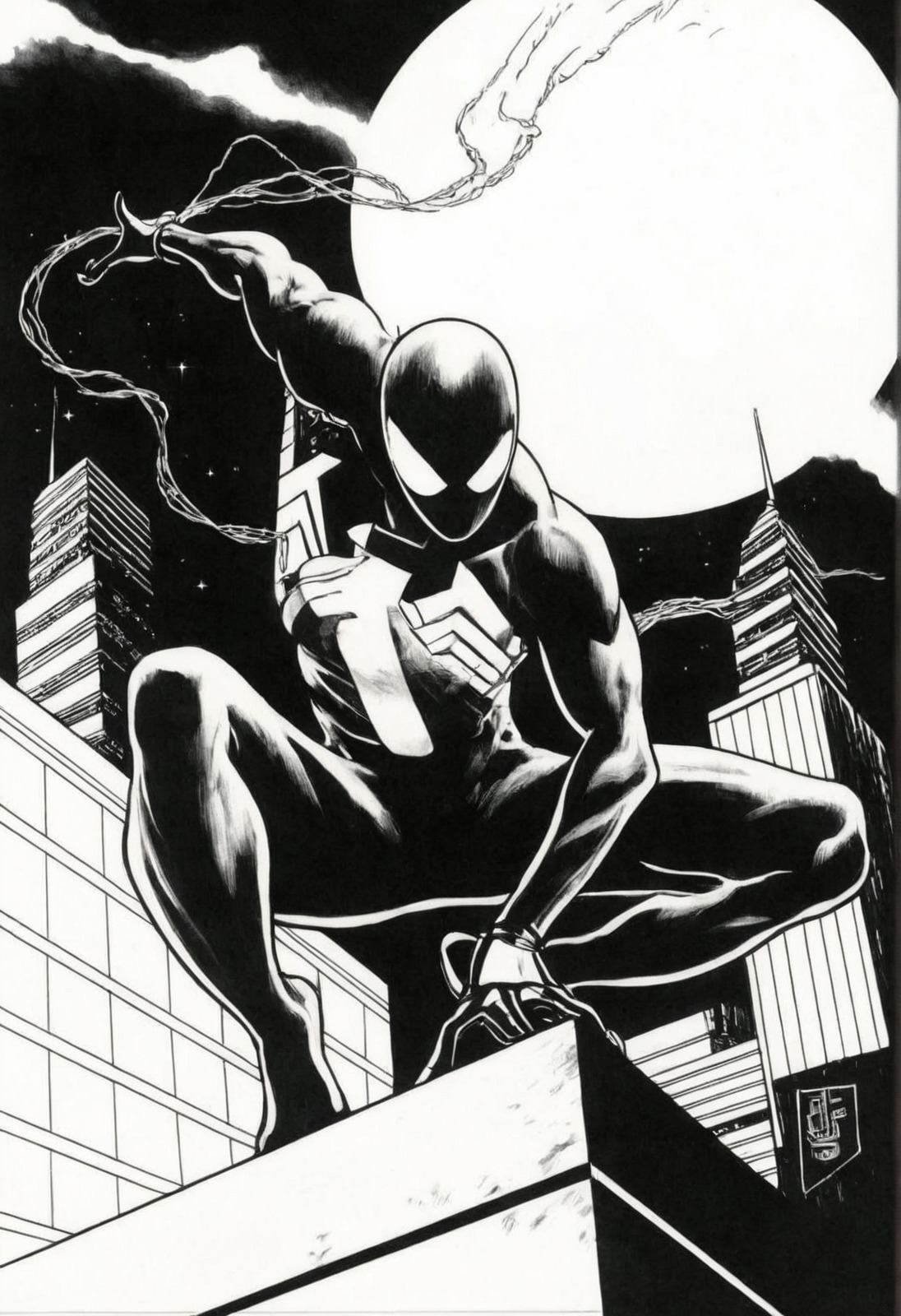 spider-man, symbiote, venom, black suit, art, black and white, comic