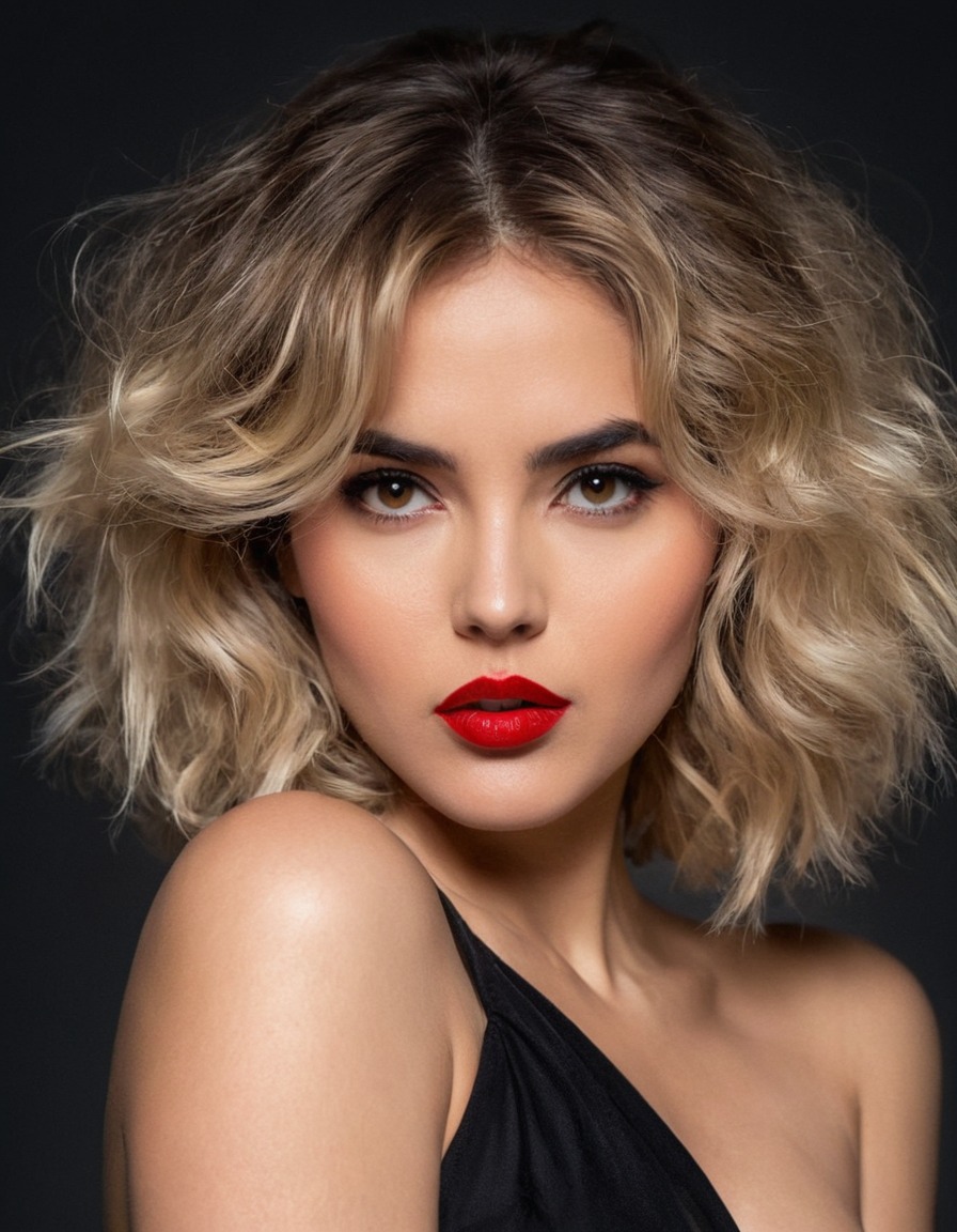 woman, tousled hair, red lipstick, sultry, gaze