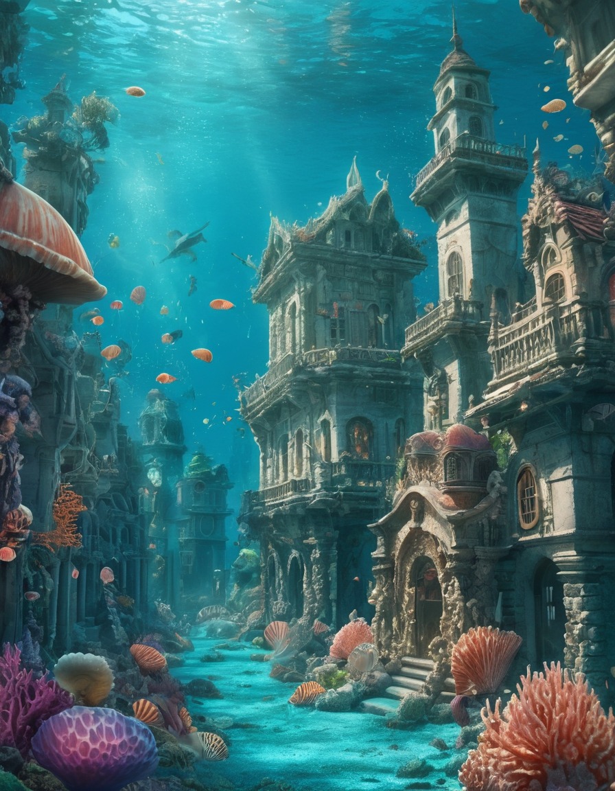 underwater city, coral, seashells, mermaids, mermen, fantastic