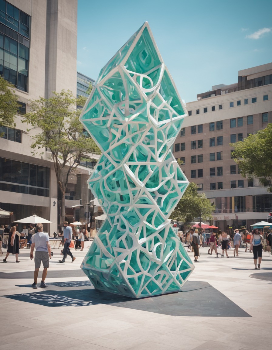 city plaza, public art, geometric sculptures, interactive elements, urban design, modern city, city