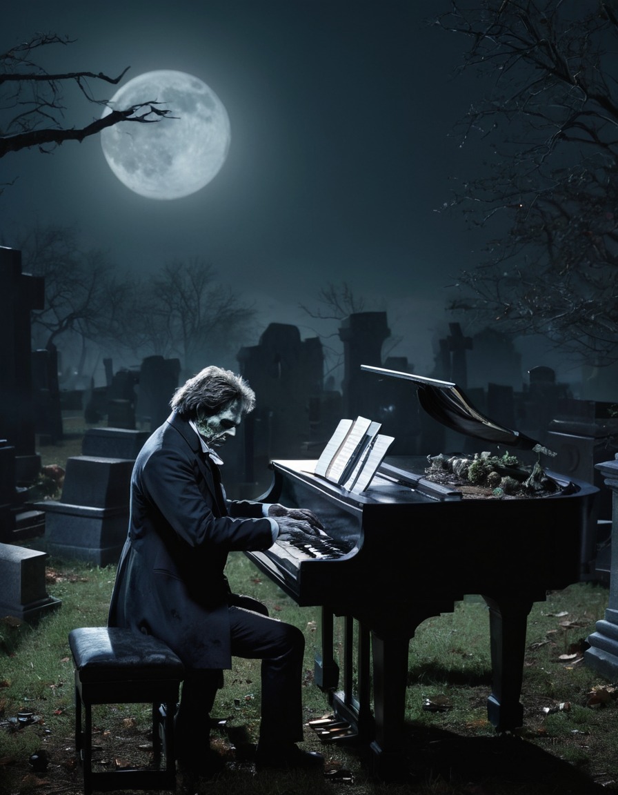 beethoven, zombie, piano, graveyard, moonlit, eerie