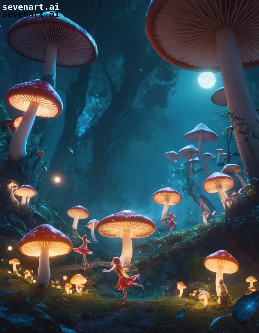 fairies, dancing, glowing mushrooms, moonlit, fantasy