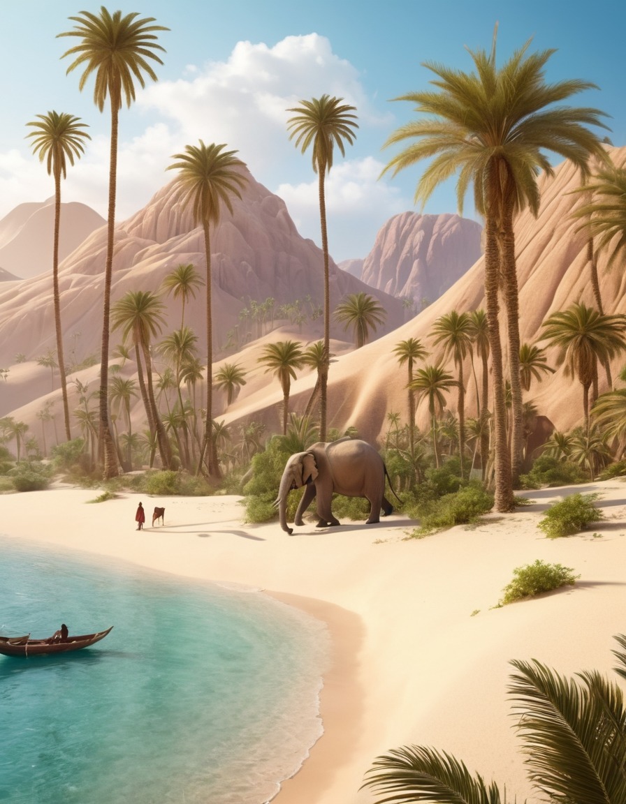 desert oasis, sand dunes, palm trees, magical beasts, fantastic