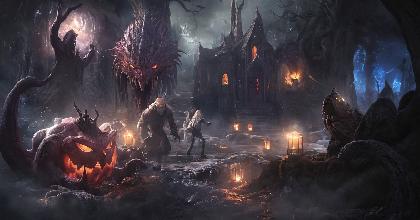 candles, creepy, environment, halloween, lights, moon, pumpkin, scary, trees, woods, full