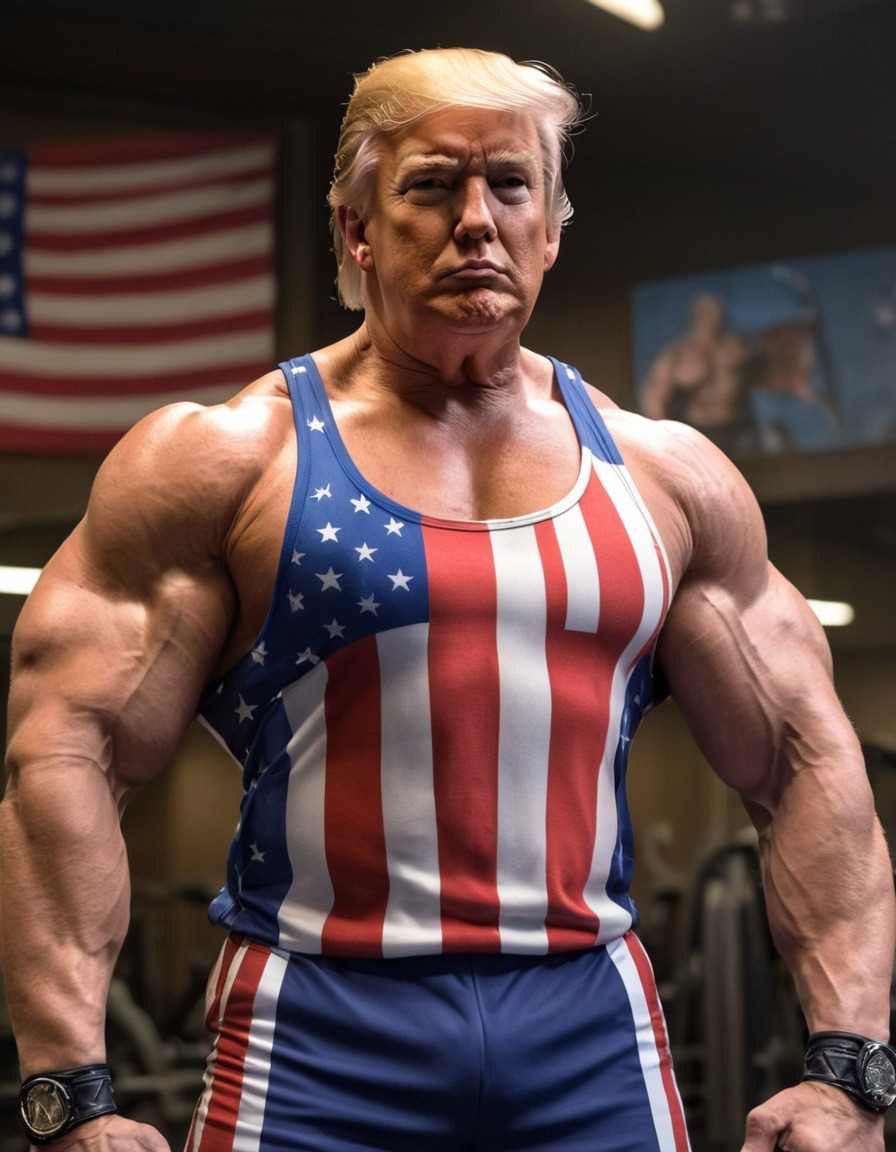 donald trump, bodybuilder, gym, tank top, american flag, muscle flexing