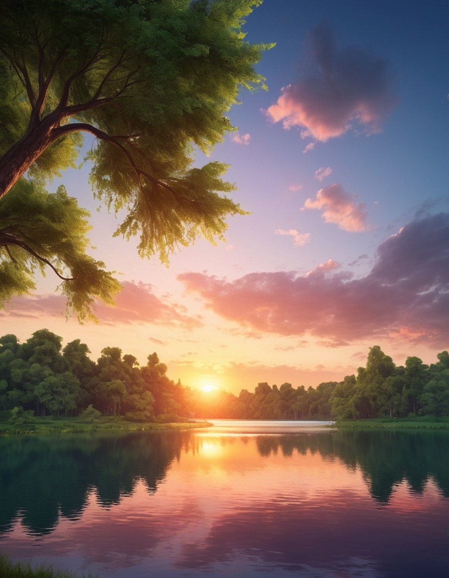 sunset, lake, lush greenery, nature