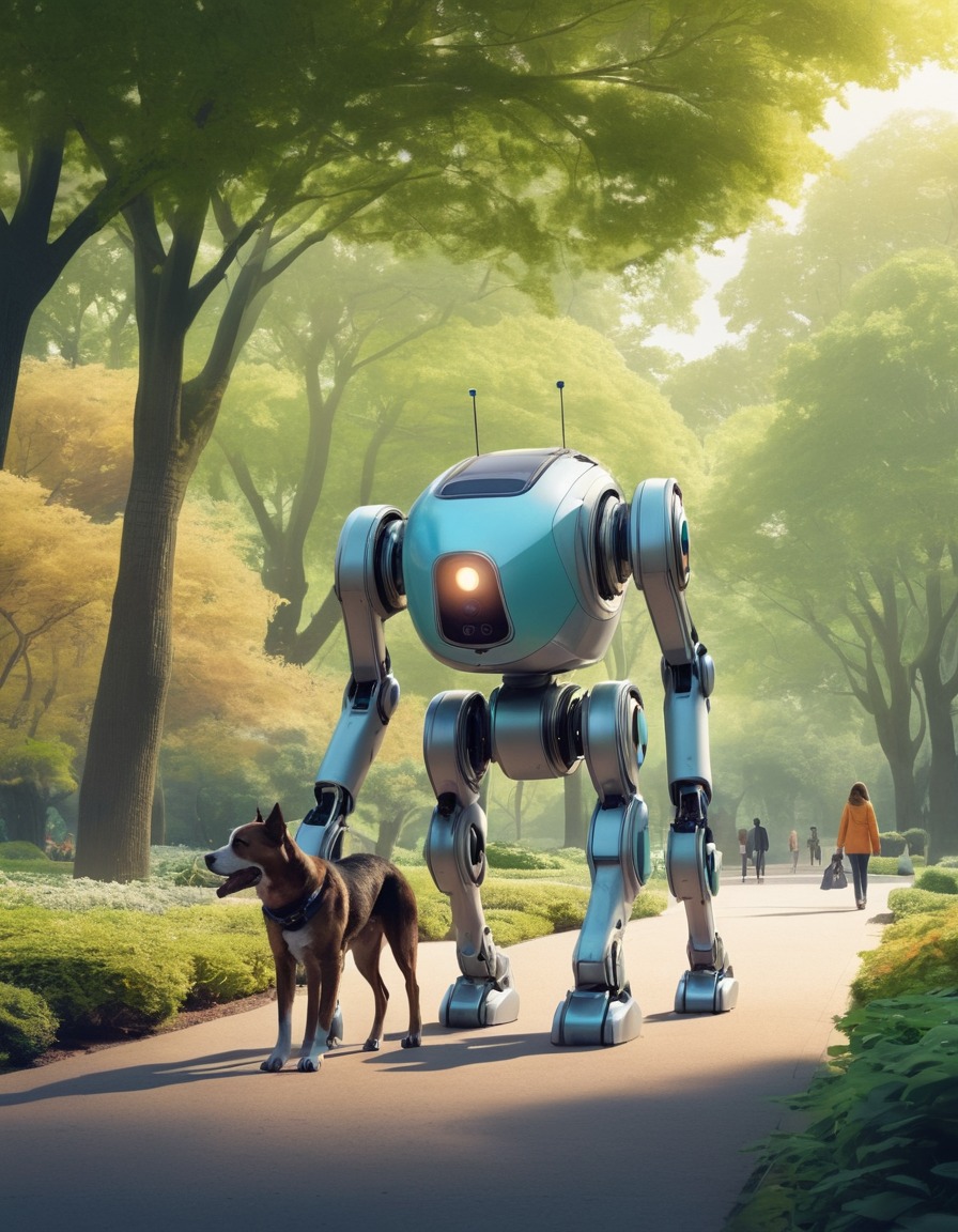 robotic dog, future technology, artificial intelligence, automated park, futuristic city, future