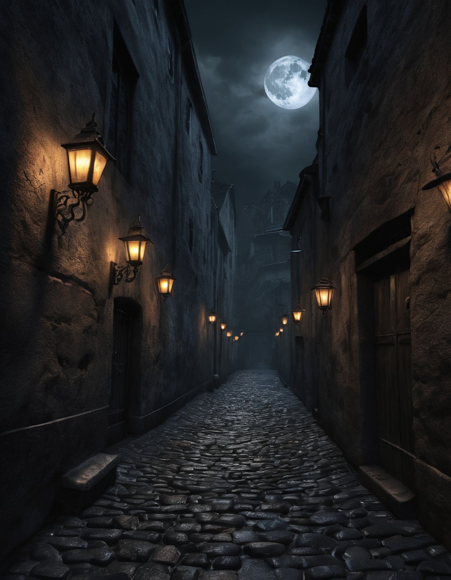 cobblestone, alleyway, lanterns, shadows, gothic, underground, dark