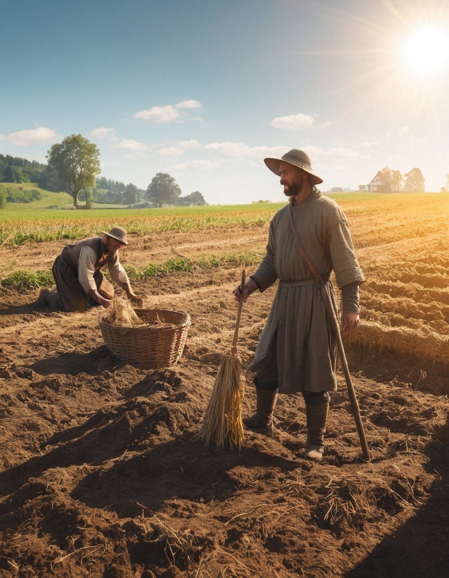 medieval, peasant, farming, fields, sunny, middle ages