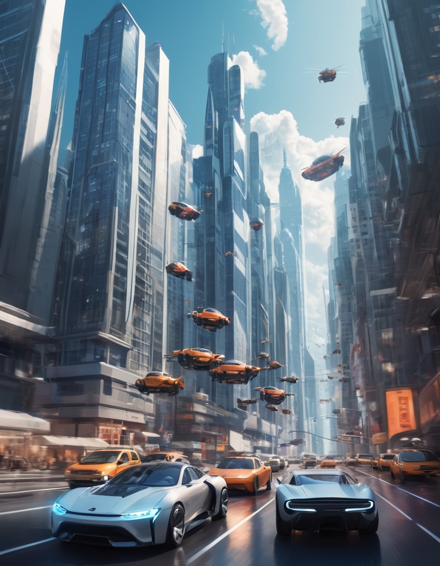 futuristic, technology, urban, flying cars, skyscrapers, future