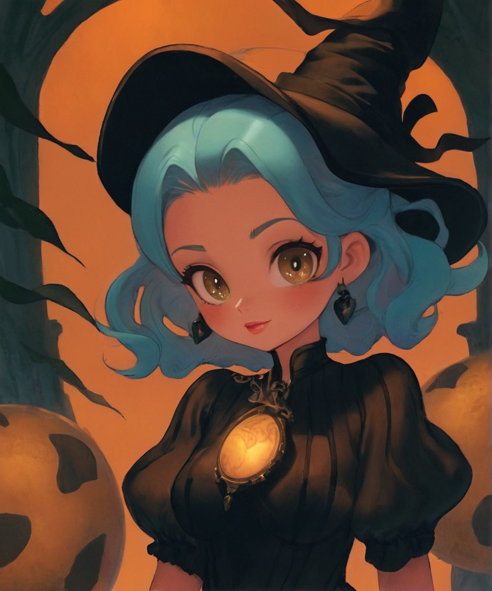 digitalart, anime, fanart, videogamefanart, animegirl, wallpaper, witch, cartoon, digitalpainting, portrait, originalcharacter, magic, animedrawing, halloween, beauty, bewitched, bluehairedgirl, fantasy, girl, pumpkin