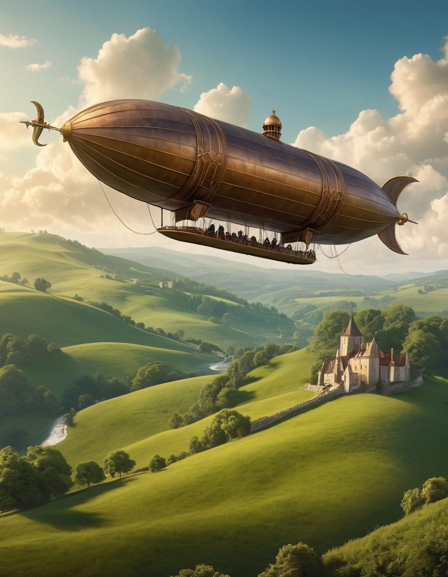 airship, steam-powered, medieval painting, green hills, medieval, art