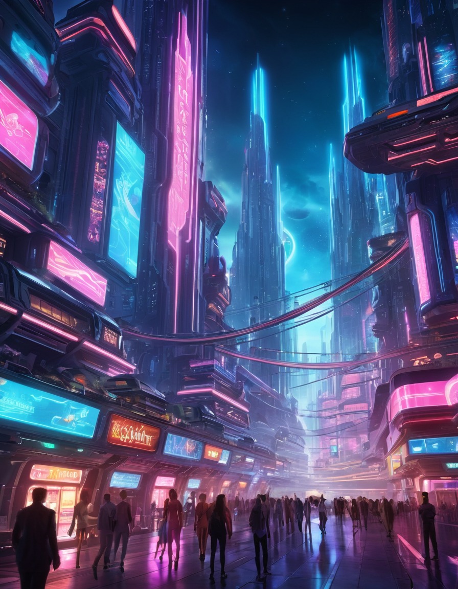 futuristic, space city, neon lights, activity, space scene