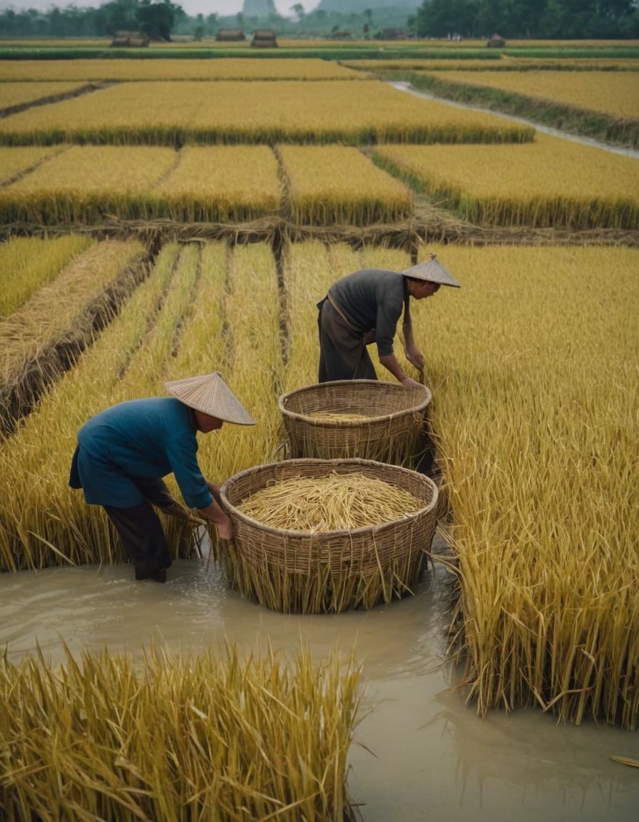 ancient agriculture, rice farming, flooded fields, traditional farming techniques, ancient china, 700 ad, historical farming practices