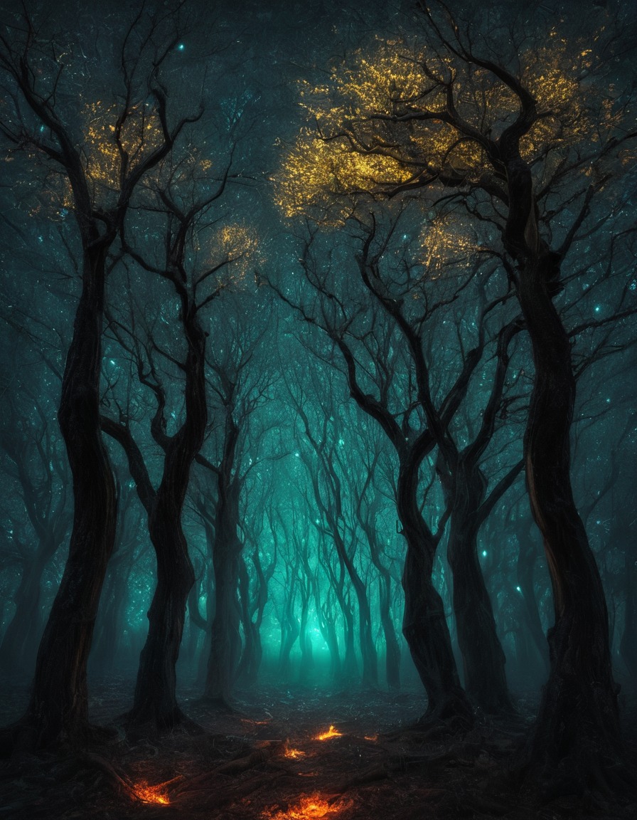 mystical, glowing trees, wishes, whispered, grove