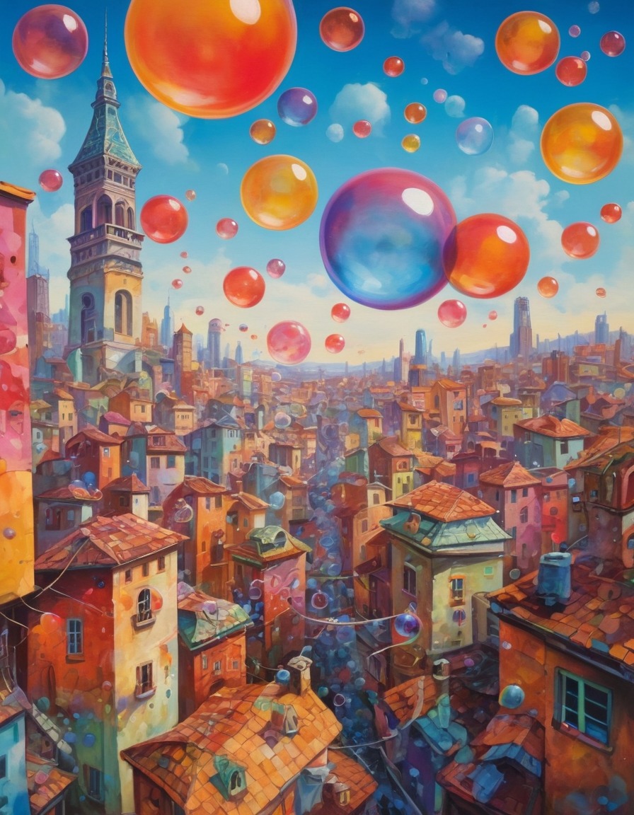 fantasy, cityscape, colorful, bubbles, surreal