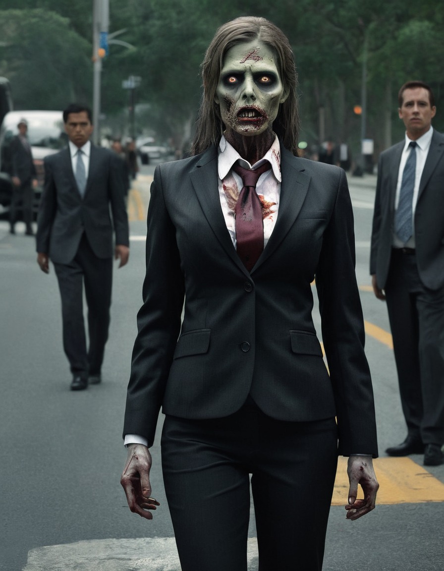 zombie, business suit, rush hour, bus stop