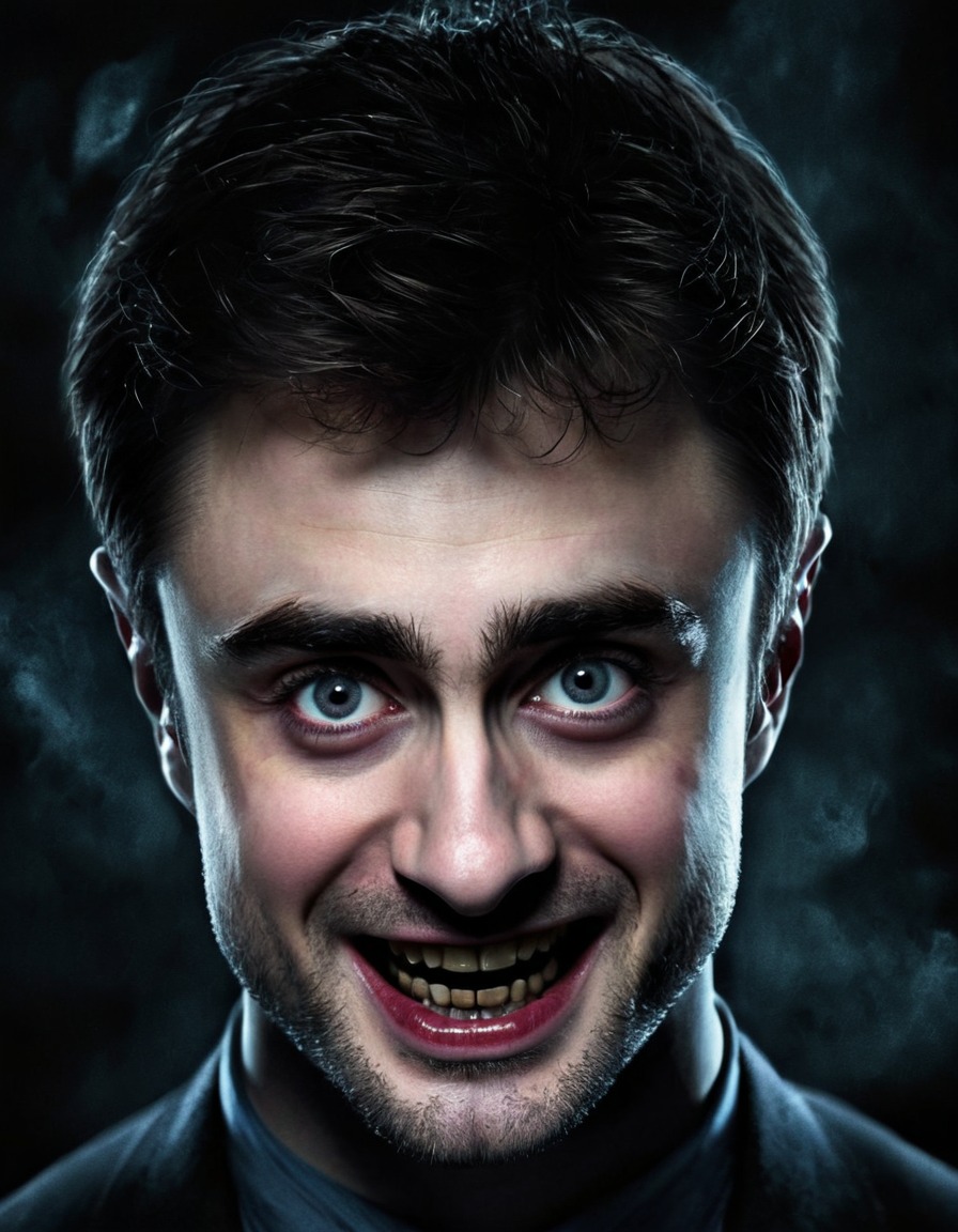 daniel radcliffe, sinister, glowing eyes, malevolent smile, shadows, dark magic