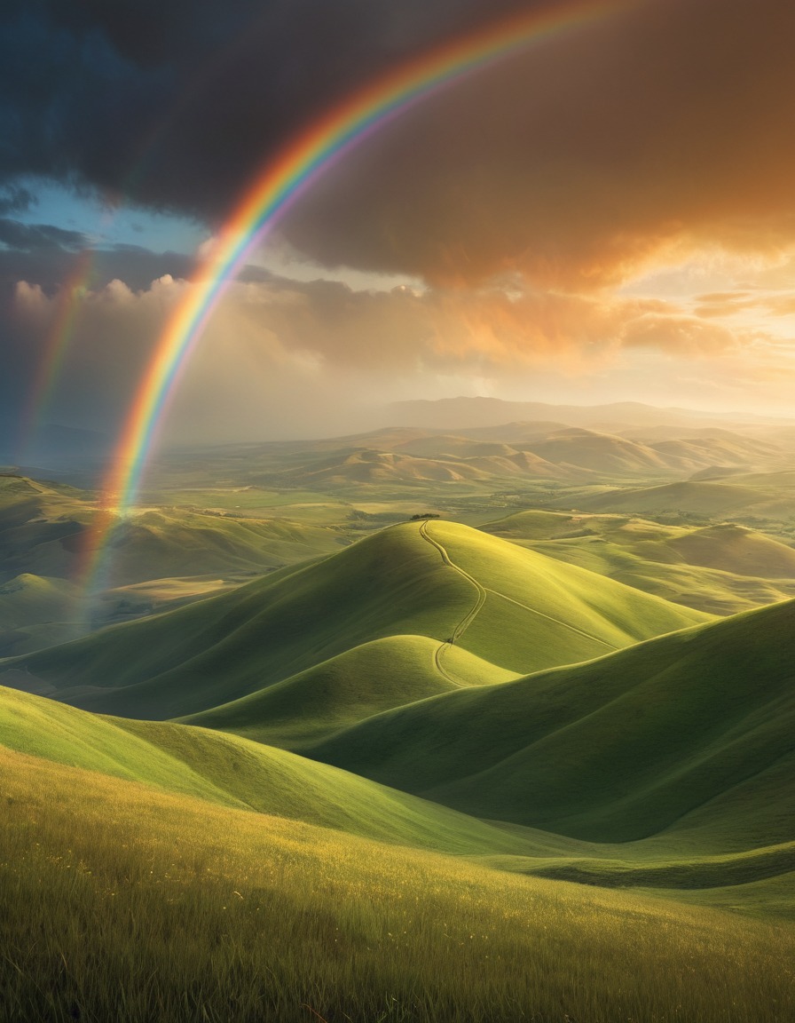 nature, landscape, rainbow, colorful, hills