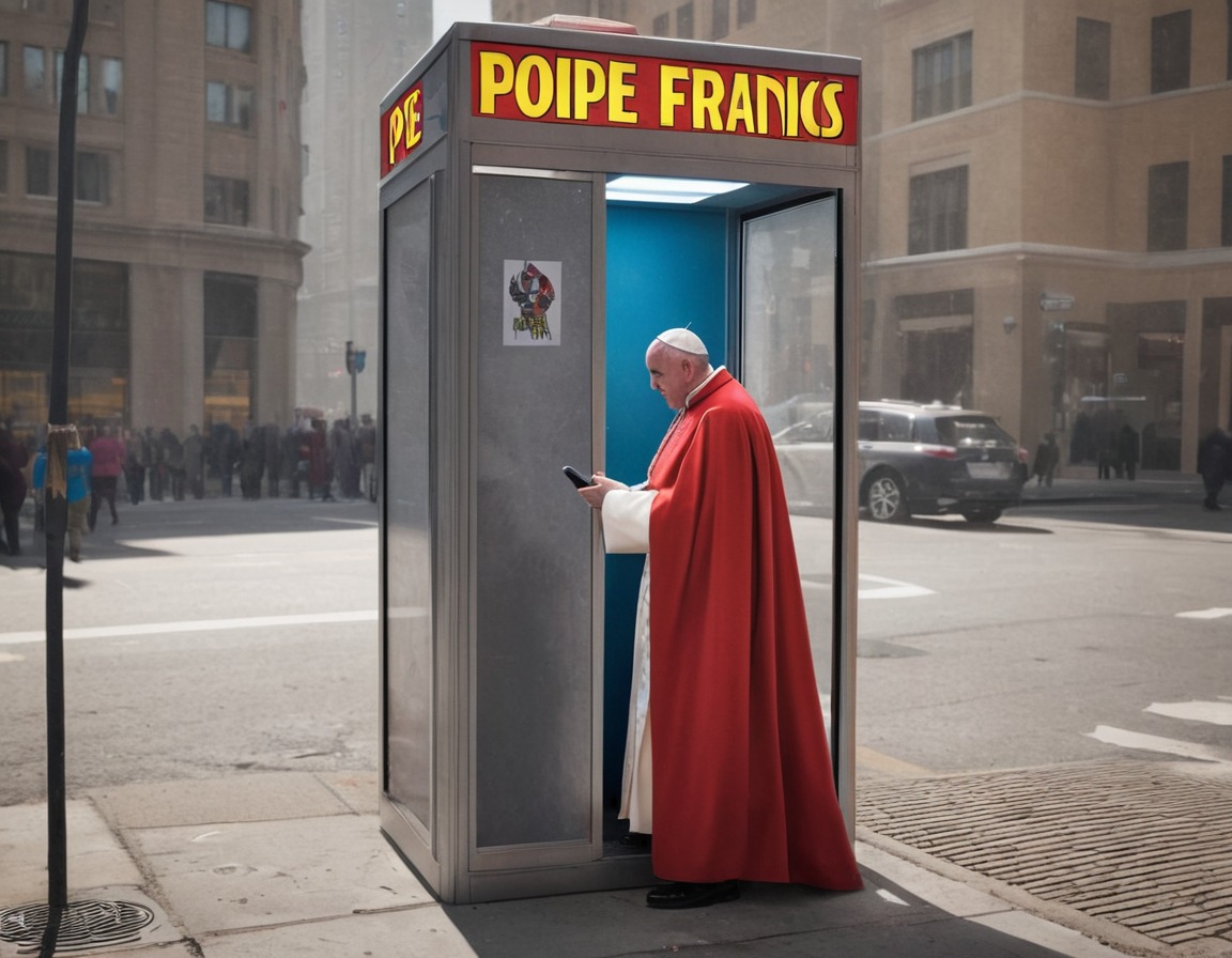 pope francis, superhero, cape, phone booth, transformation, vatican