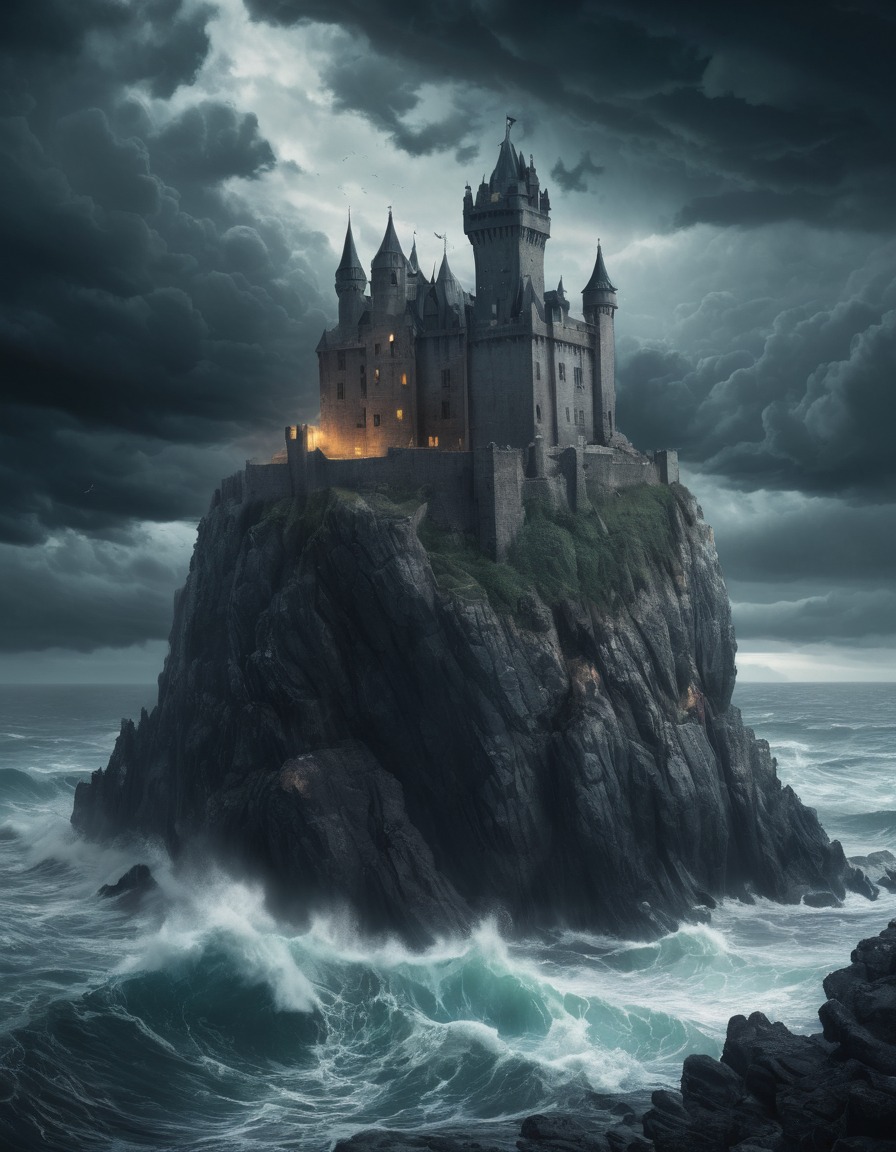 haunted castle, cliff, turbulent sea, stormy sky, gothic architecture, gothic, underground, dark