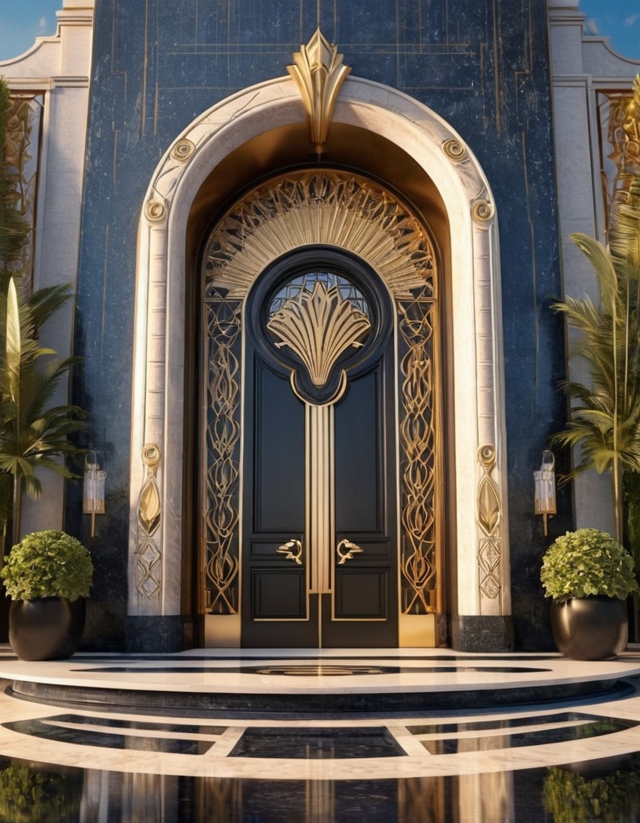 architecture, grand entrance, art deco, geometric patterns, luxury, design, ornate