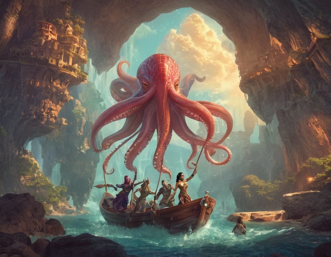 digitalart, octopus, dreamup, fantasyart, sea, boat, squid, dailychallenge, ai_art