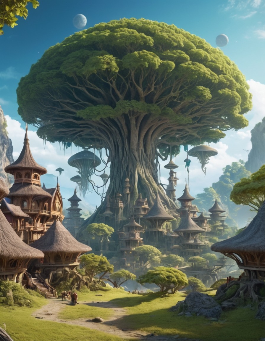 alien village, alien tree, peaceful, nature, fantasy, extraterrestrial, aliens