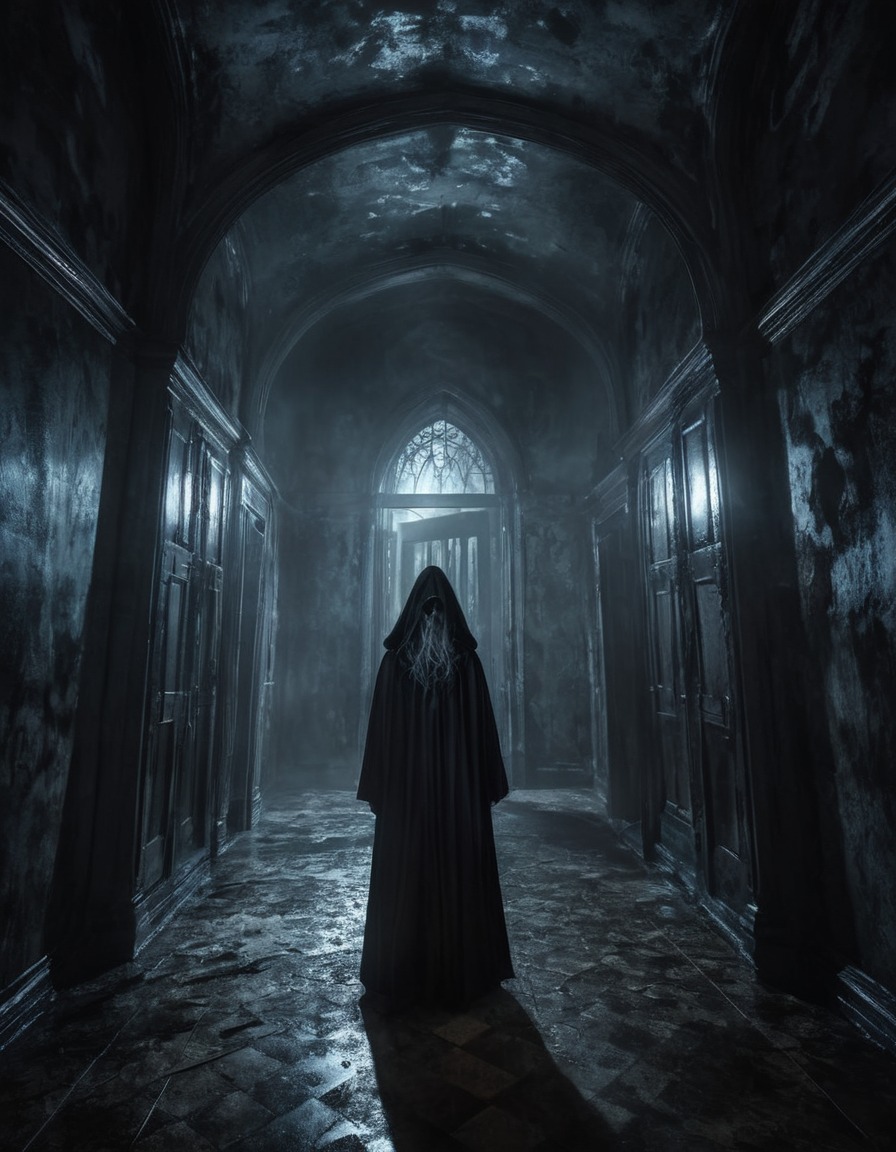 haunting, spectral figure, gothic, mansion, stormy night, underground, dark