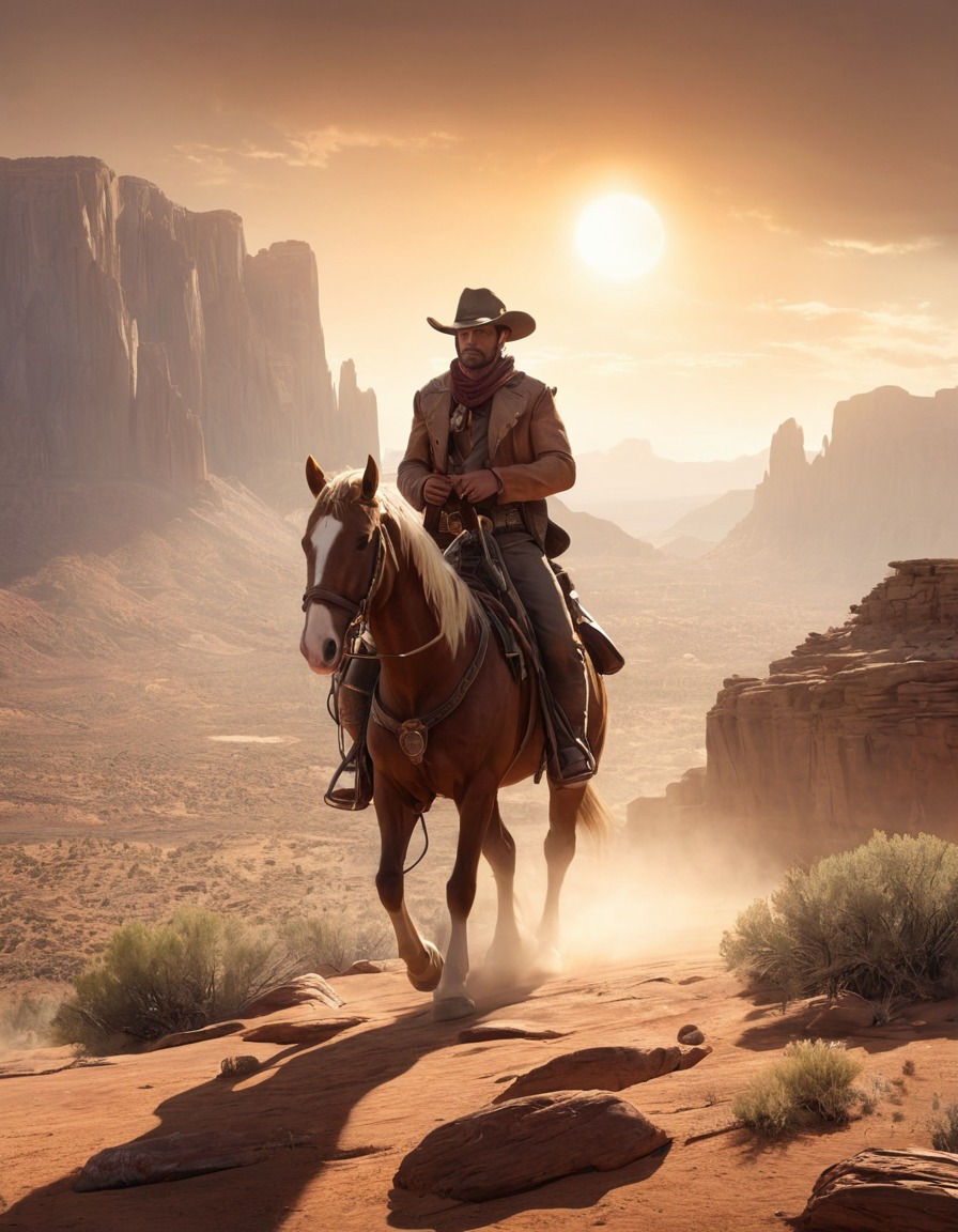 cowboy, horseback, exploration, wild west, rugged landscape, adventure, computer games