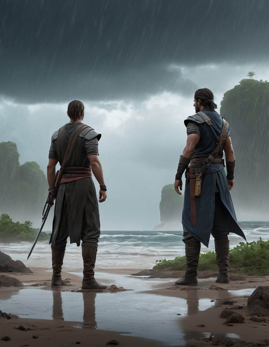 tense stand-off, players, deserted island, rain-soaked, computer games