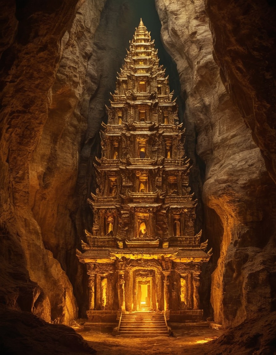 mystical, temple, cliff face, golden light