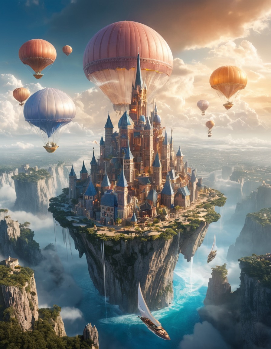 floating city, clouds, beings with wings, ethereal beauty, mythical creatures, fantastic