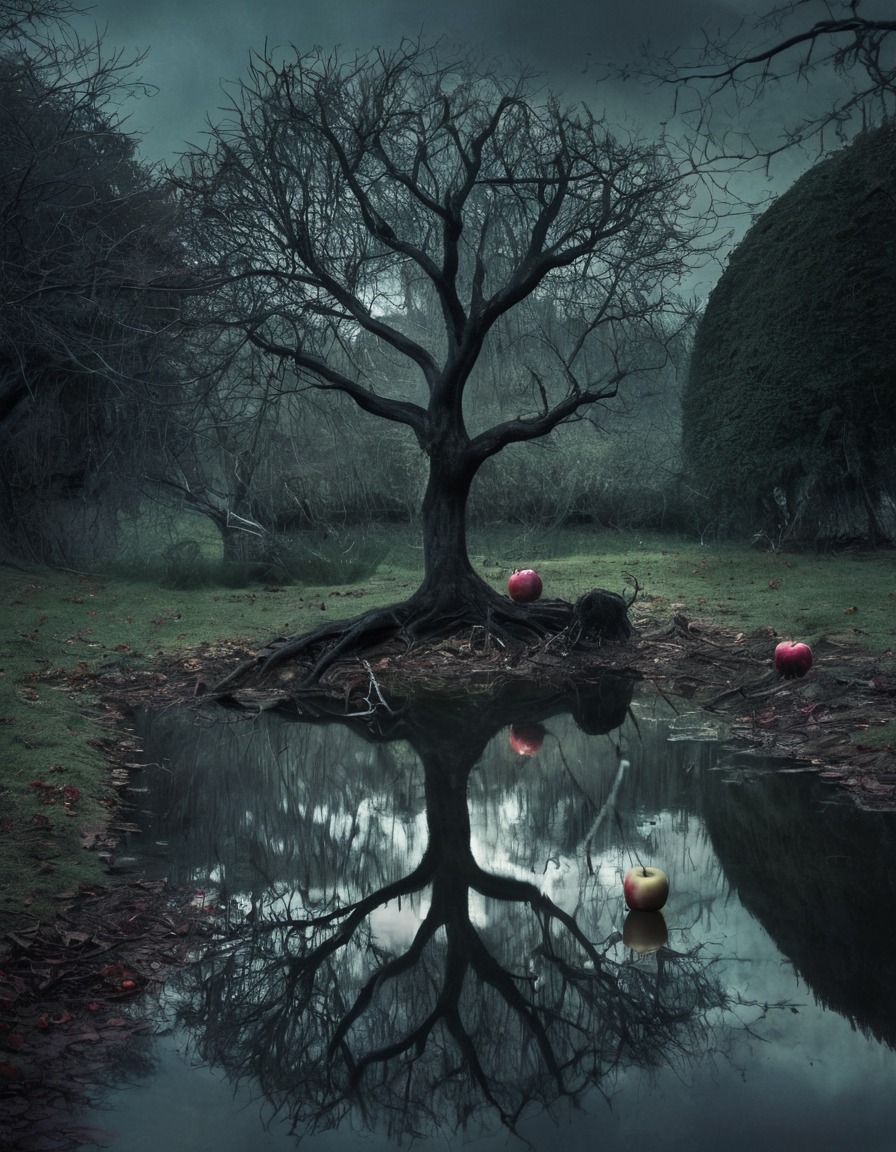 isaac newton, zombified, reflection, apple tree, spooky, haunting, pond, zombie