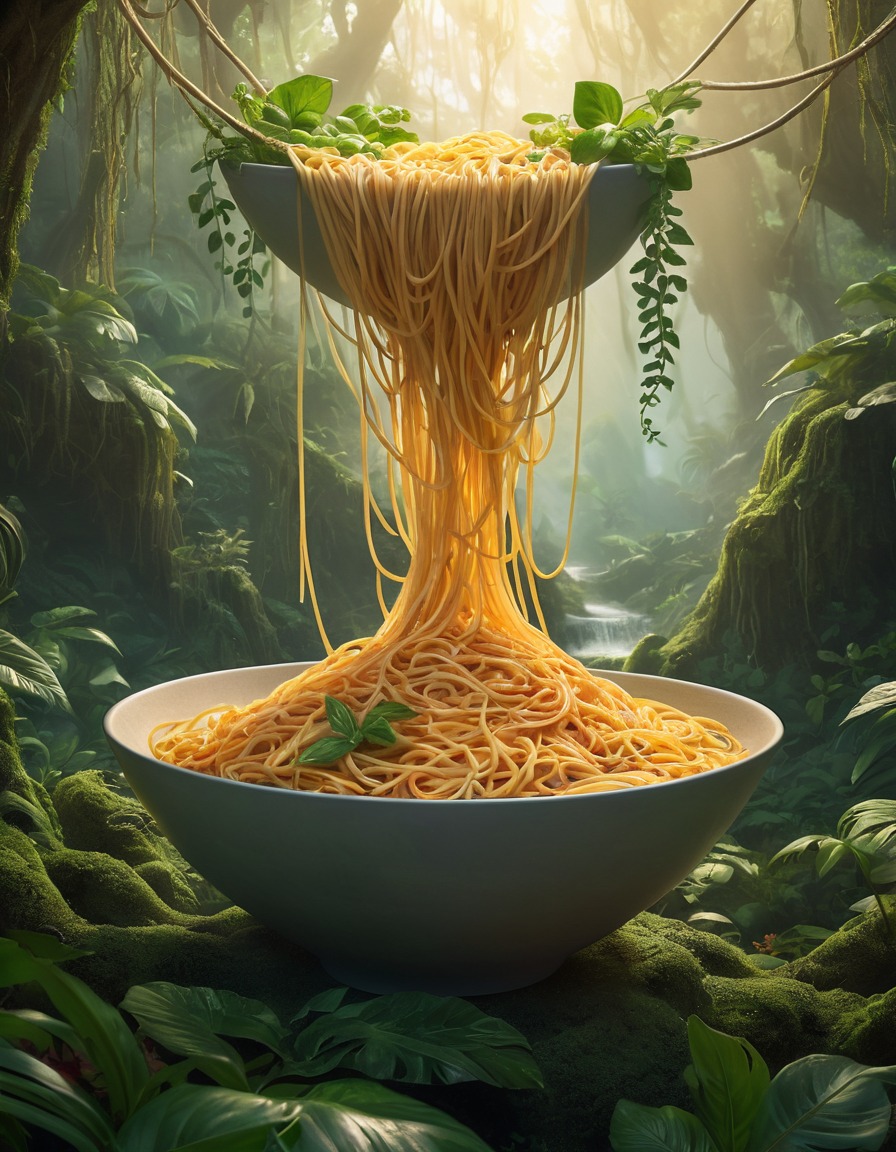 spaghetti, giant, jungle, bowl, mystery, fantasy, food