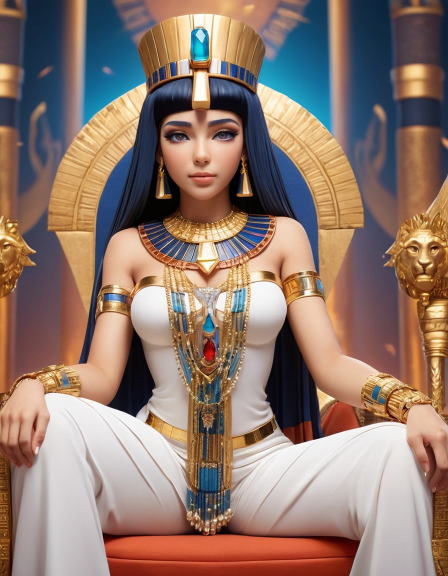 cleopatra, ancient egypt, queen, throne, luxury, jewels, anime