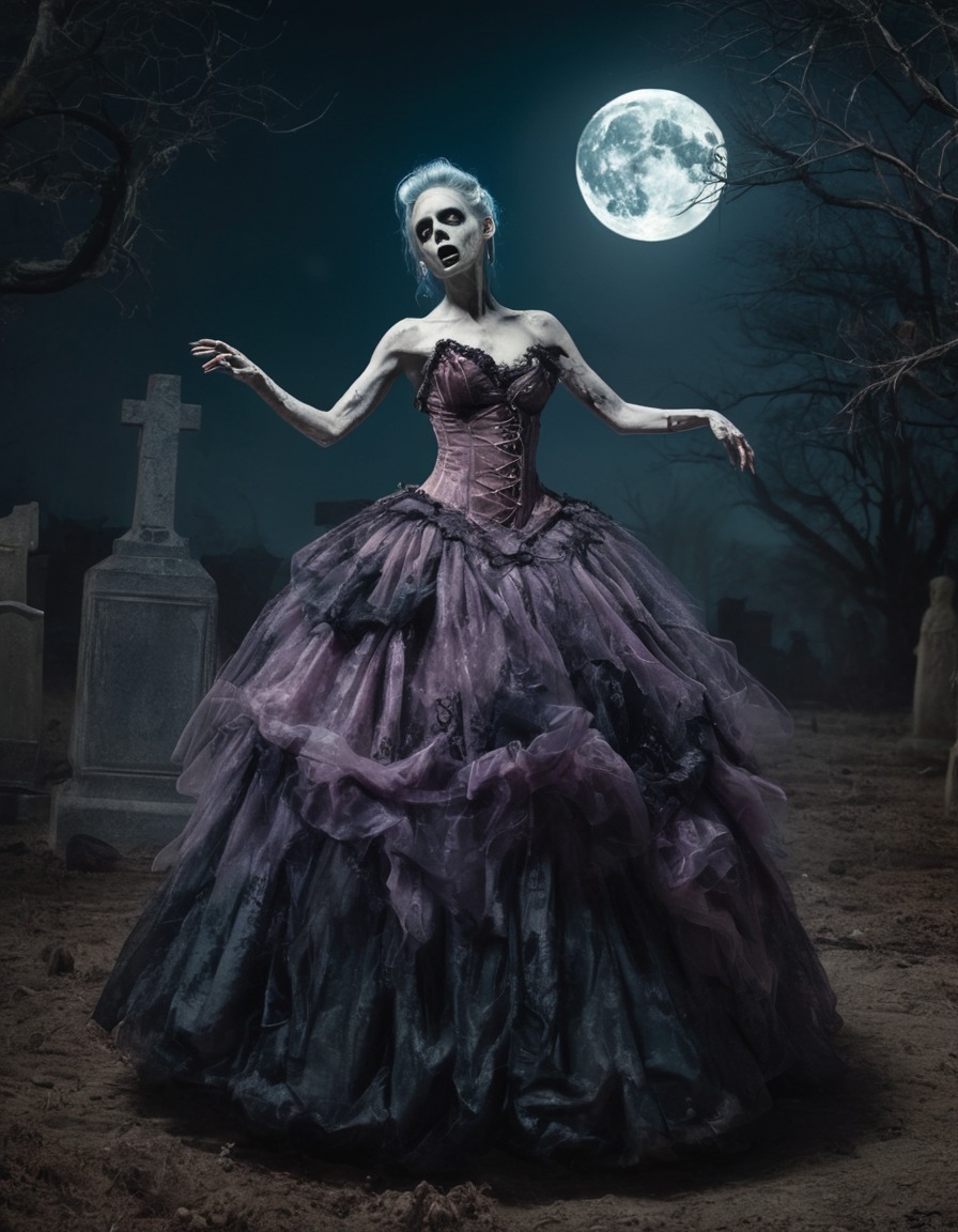 zombie, ball gown, graveyard, moonlit, fantasy, nsfw