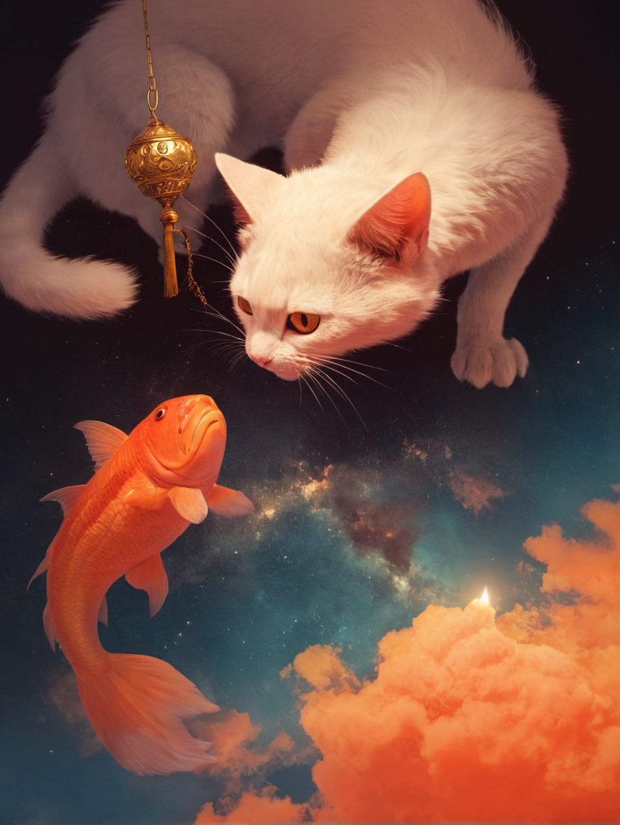 animal, anime, atmospheric, cat, digitalart, digitalpainting, fantasy, fish, goldfish, illustration, motion, oilpainting, water, watercolor