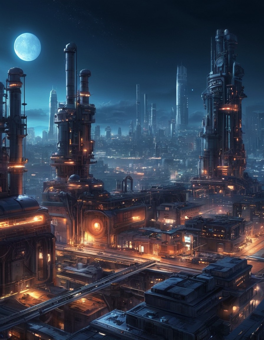 futuristic, industrial, cityscape, night, architecture, technology, science fiction